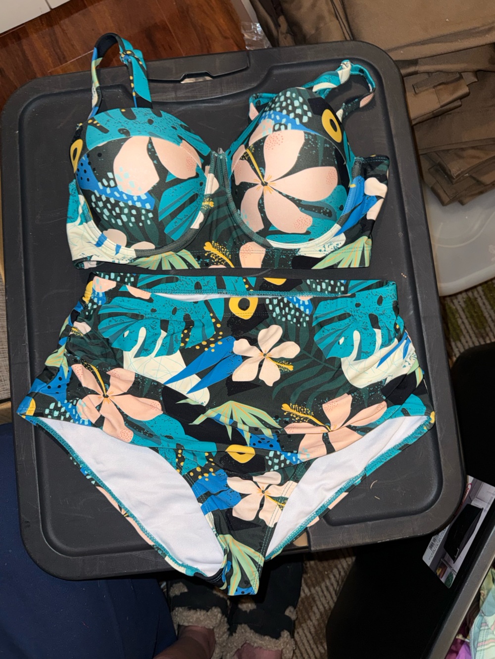 Floral Teal High-Waist Womens  One-Piece Swimsuit